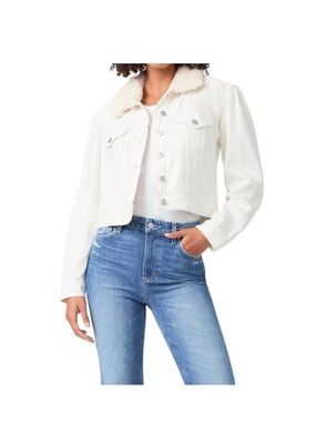 PAIGE Ivory Cropped Jean Jacket with Faux-Shearling Collar